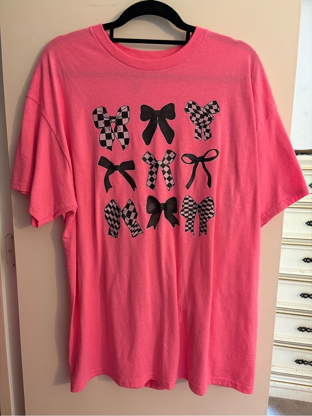 Gildan Hot Pink Short Sleeve Tee with Black Bow Graphics